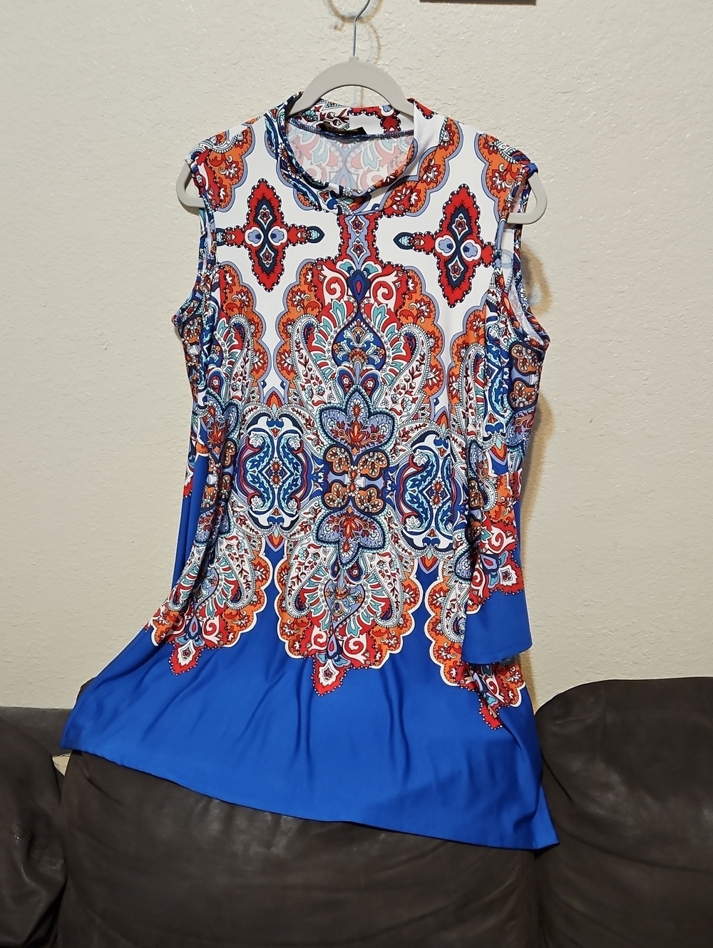 Melissa Paige Blue, Red & White Paisley Cold Shoulder Midi Dress